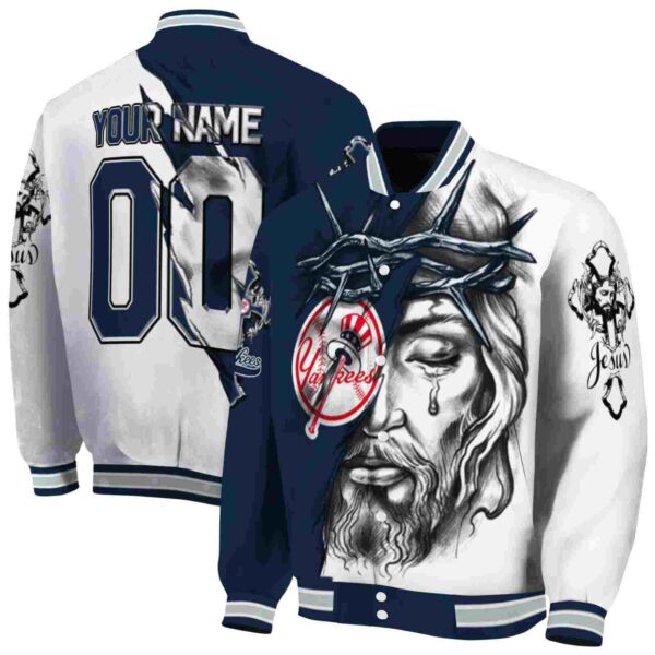 personalized new york yankees jesus tears navy white jacket fashion forward