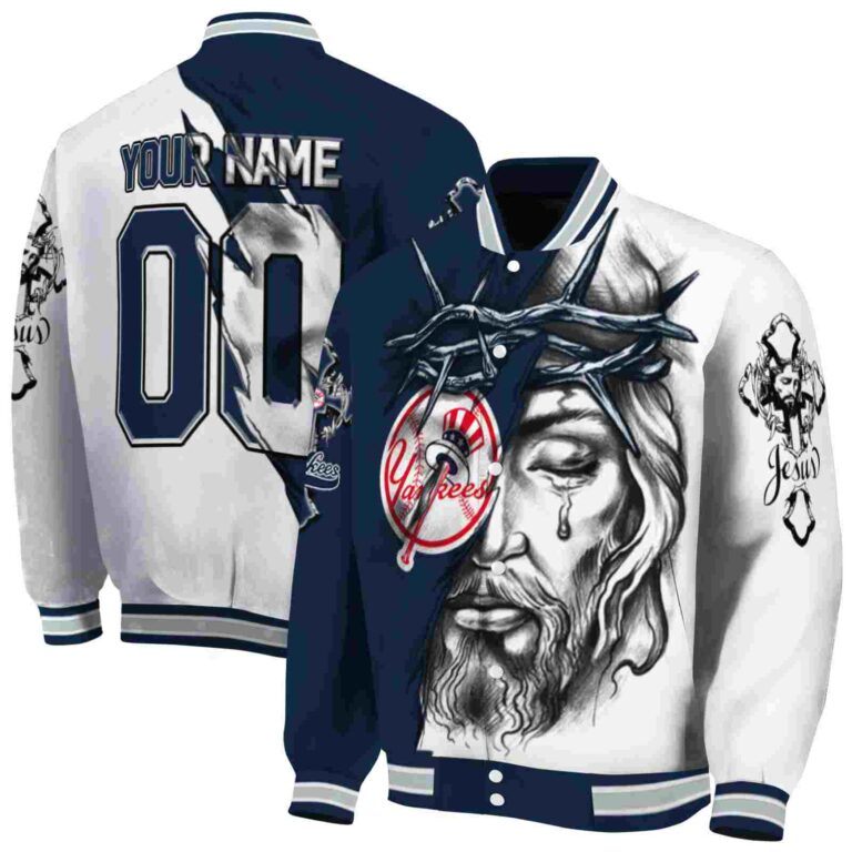 personalized new york yankees jesus tears navy white jacket fashion forward