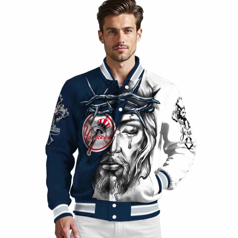 personalized new york yankees jesus tears navy white jacket high quality