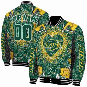 personalized north dakota state bison heart explosion green jacket fashion forward