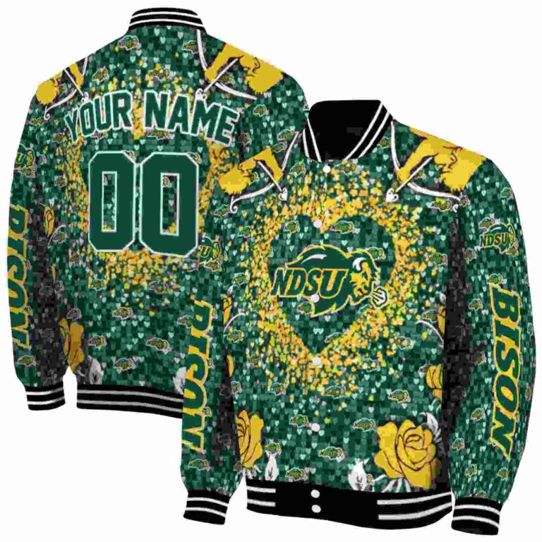 personalized north dakota state bison heart explosion green jacket fashion forward