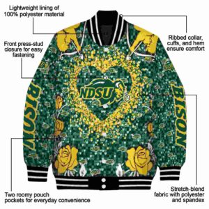 personalized north dakota state bison heart explosion green jacket new arrival