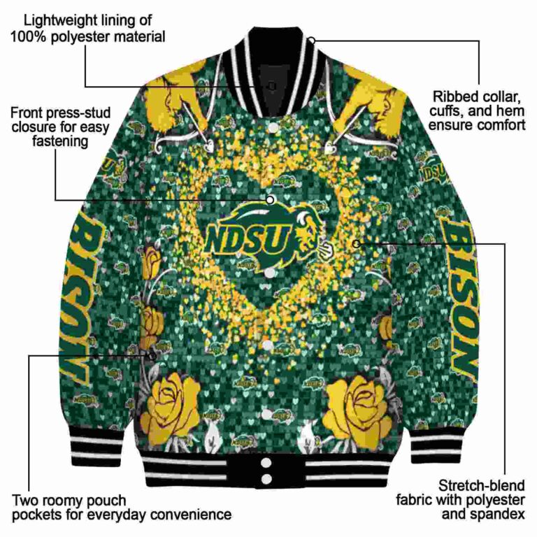 personalized north dakota state bison heart explosion green jacket new arrival