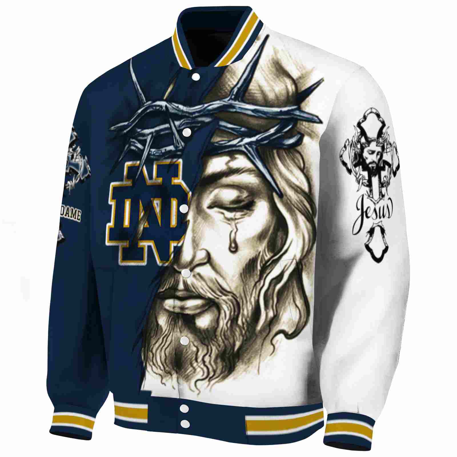 personalized notre dame fighting irish jesus tears navy white jacket best selling personalized notre dame fighting irish jesus tears navy white jacket best selling