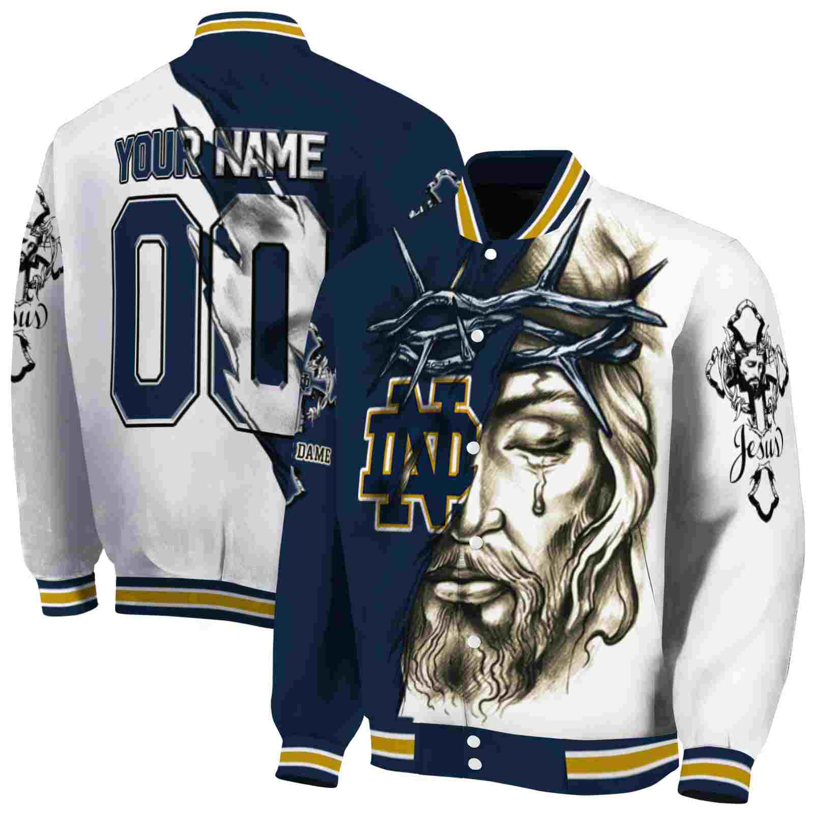 personalized notre dame fighting irish jesus tears navy white jacket fashion forward personalized notre dame fighting irish jesus tears navy white jacket fashion forward