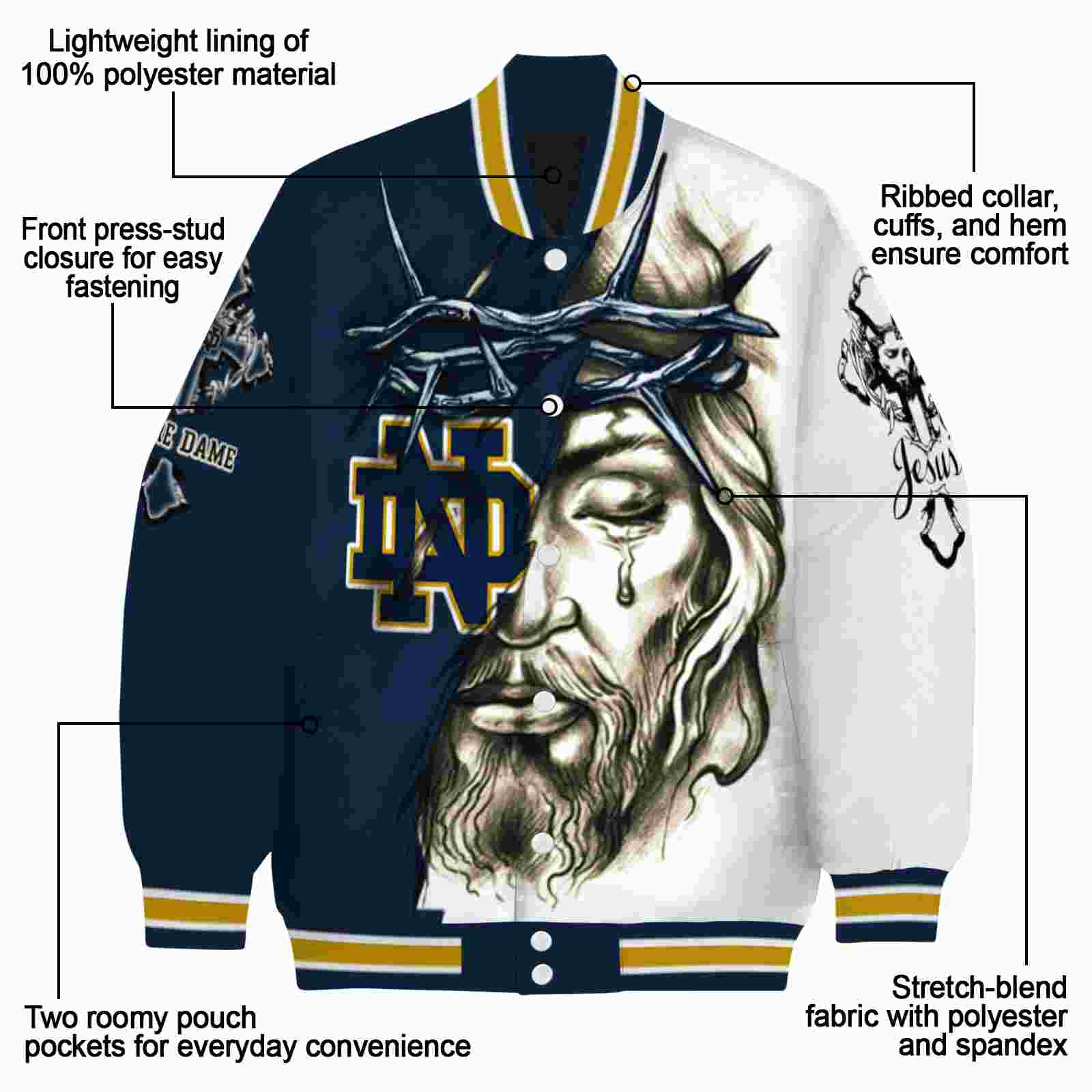 personalized notre dame fighting irish jesus tears navy white jacket new arrival personalized notre dame fighting irish jesus tears navy white jacket new arrival
