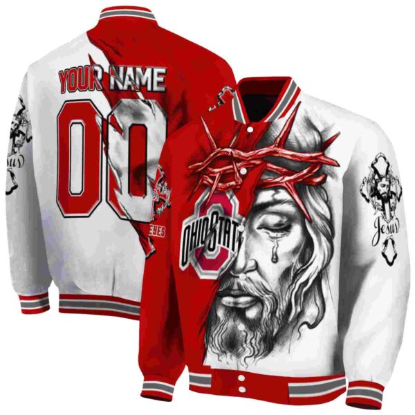 personalized ohio state buckeyes jesus tears scarlet white jacket fashion forward