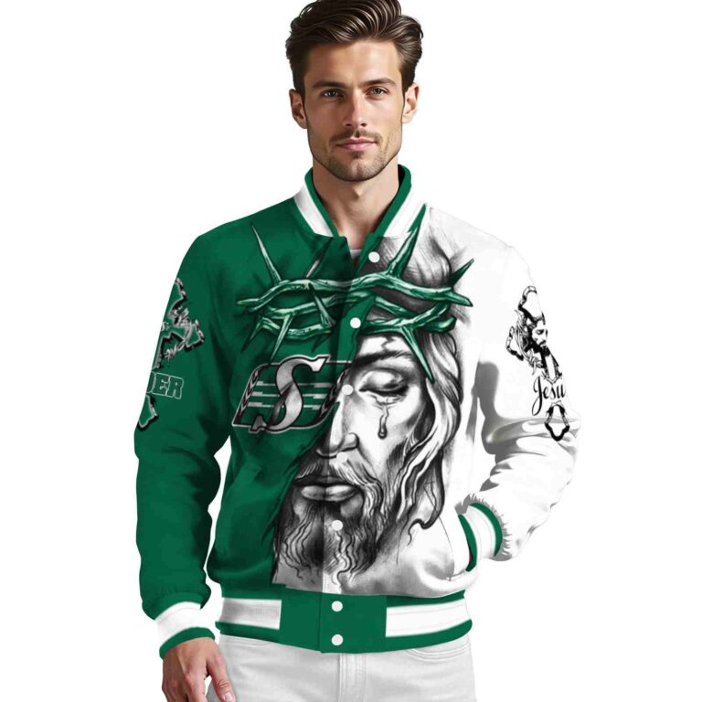personalized saskatchewan roughriders jesus tears green white jacket high quality