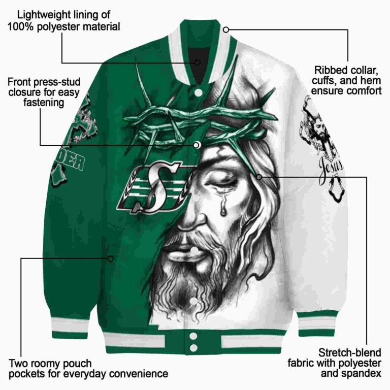 personalized saskatchewan roughriders jesus tears green white jacket new arrival