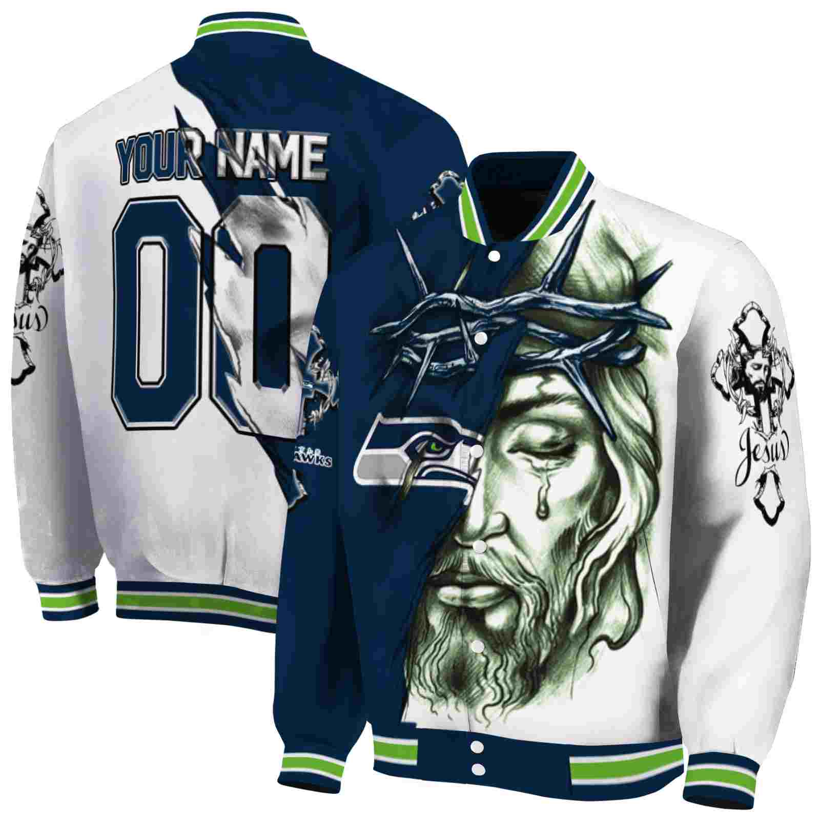 personalized seattle seahawks jesus tears blue white jacket fashion forward personalized seattle seahawks jesus tears blue white jacket fashion forward