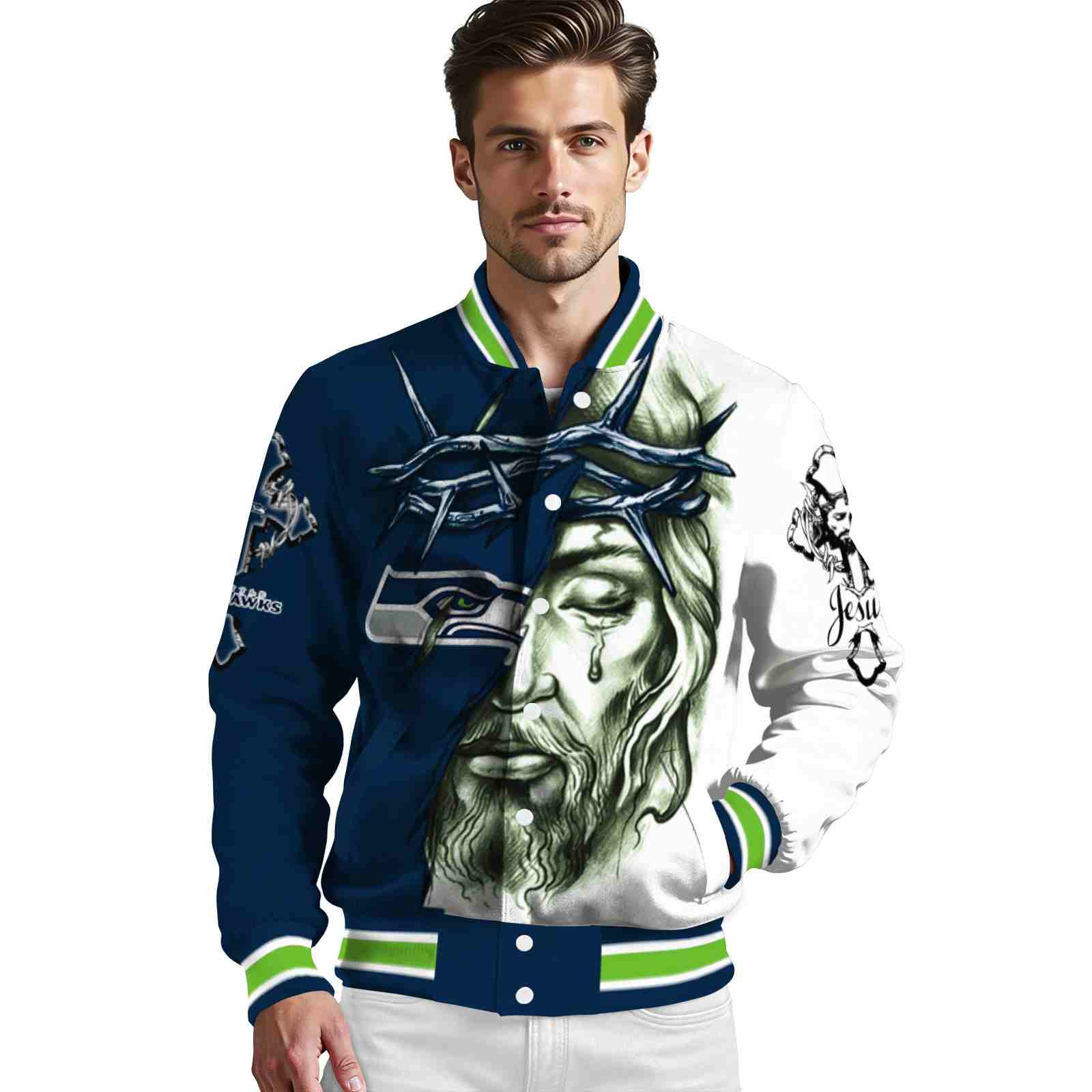personalized seattle seahawks jesus tears blue white jacket high quality personalized seattle seahawks jesus tears blue white jacket high quality