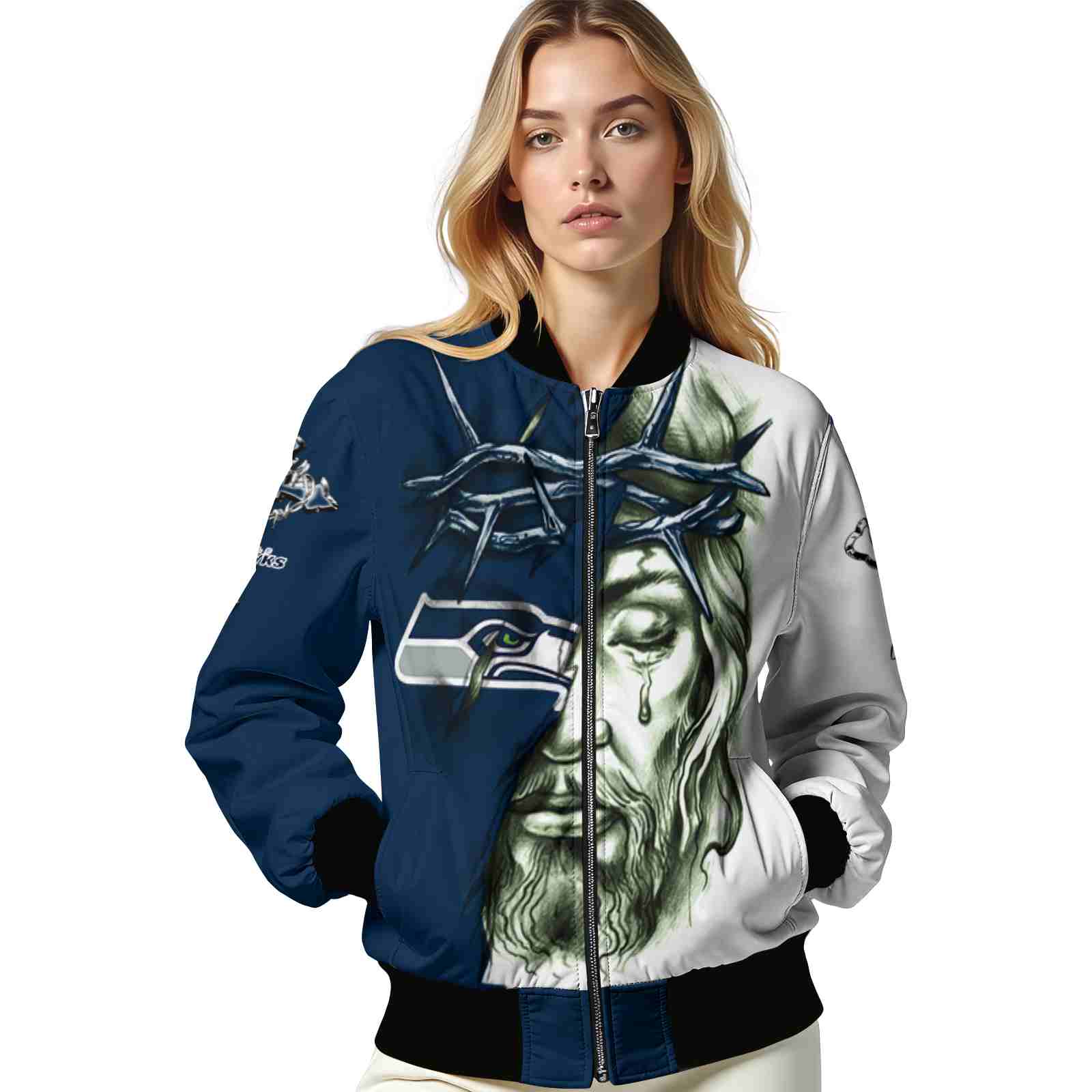 personalized seattle seahawks jesus tears blue white jacket latest model personalized seattle seahawks jesus tears blue white jacket latest model