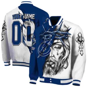 personalized tampa bay lightning jesus tears blue white jacket fashion forward