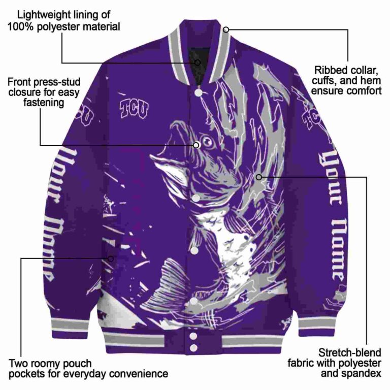 personalized tcu horned frogs fishing passion purple white jacket new arrival