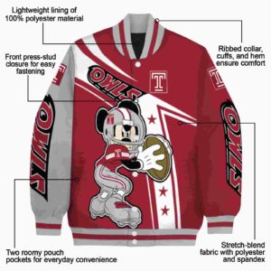 personalized temple owls mickey football red white jacket new arrival