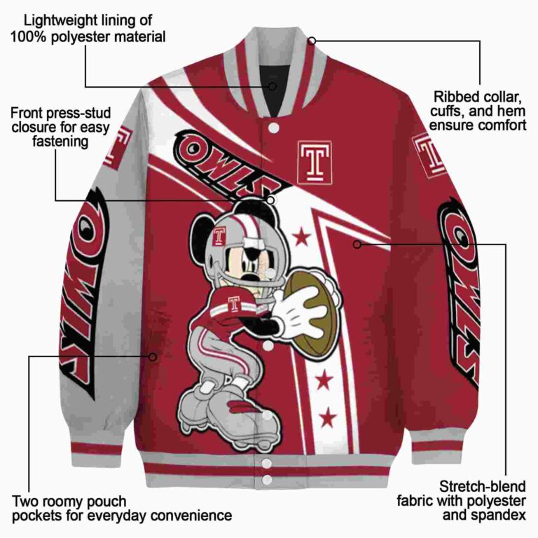 personalized temple owls mickey football red white jacket new arrival
