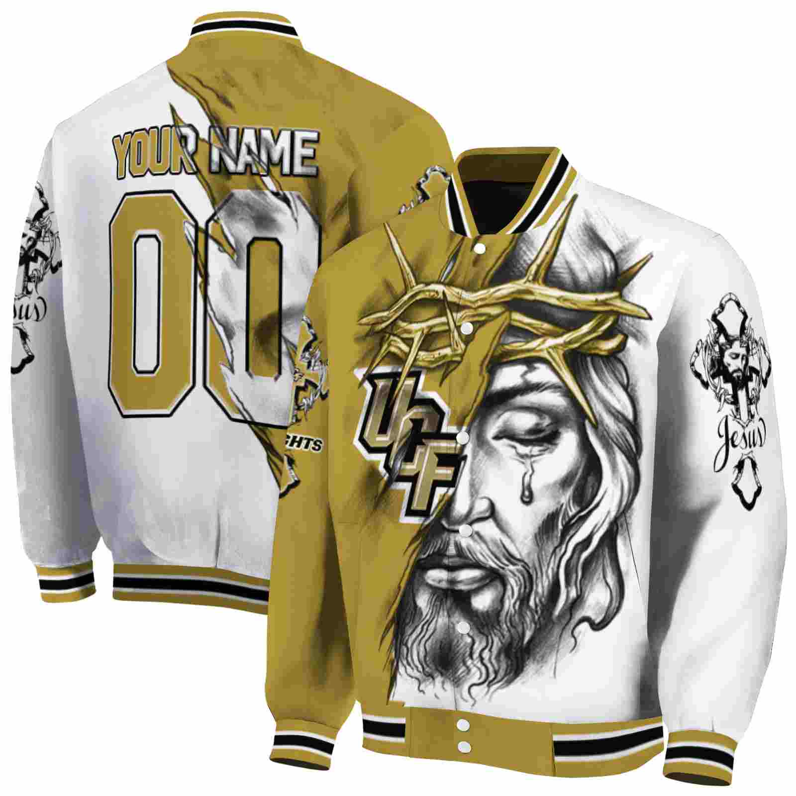 personalized ucf knights jesus tears gold white jacket fashion forward personalized ucf knights jesus tears gold white jacket fashion forward
