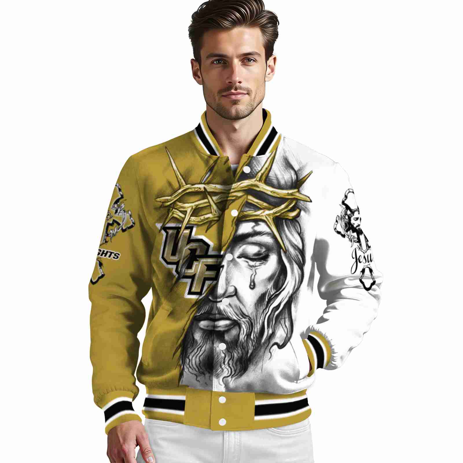 personalized ucf knights jesus tears gold white jacket high quality personalized ucf knights jesus tears gold white jacket high quality