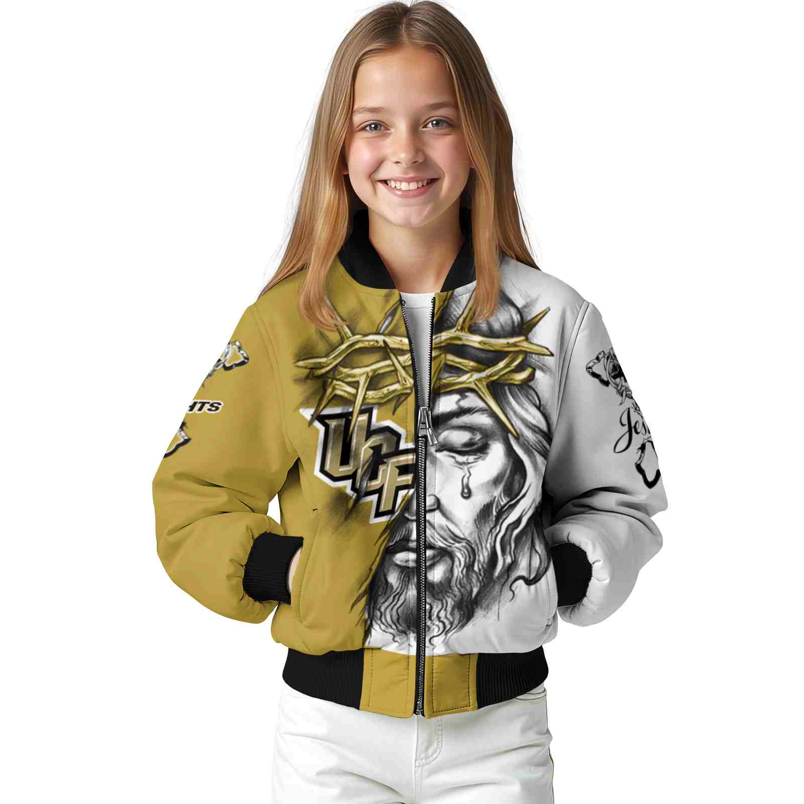 personalized ucf knights jesus tears gold white jacket top rated personalized ucf knights jesus tears gold white jacket top rated