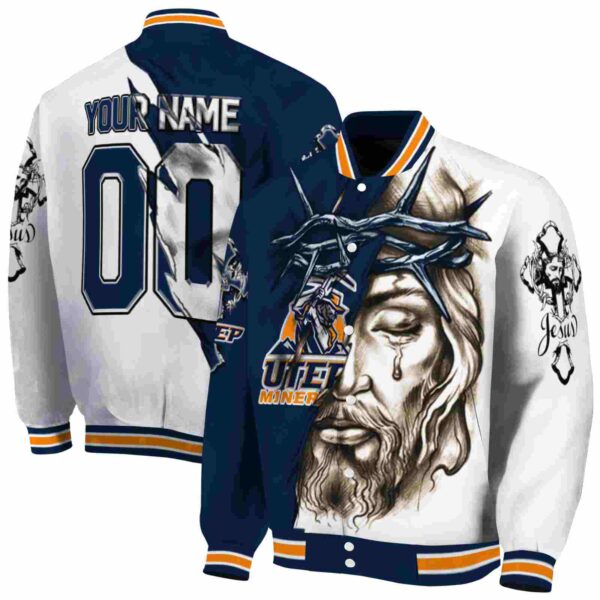 personalized utep miners jesus tears blue white jacket fashion forward