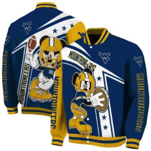 personalized west virginia mountaineers mickey football blue white jacket fashion forward