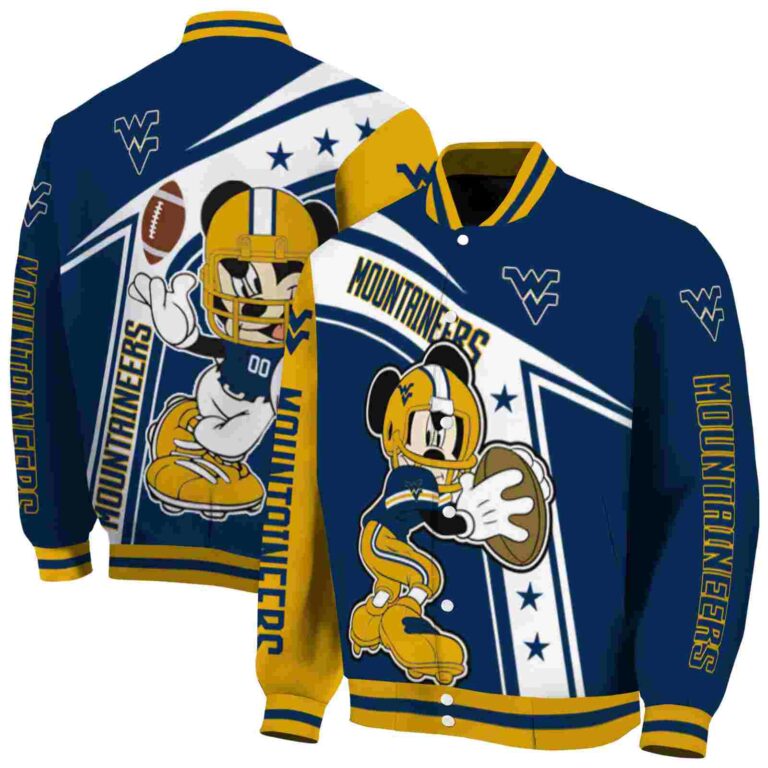 personalized west virginia mountaineers mickey football blue white jacket fashion forward