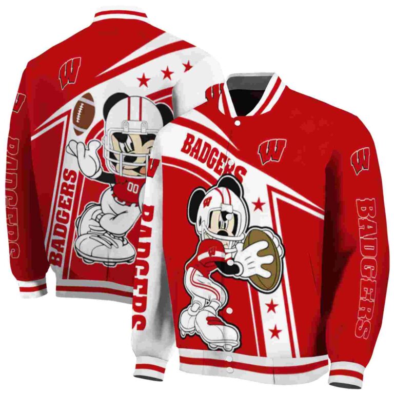 personalized wisconsin badgers mickey football red white jacket fashion forward