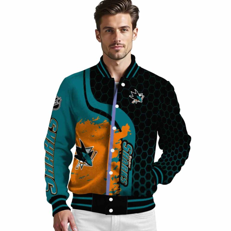 san jose sharks hexagonal pattern teal black jacket high quality