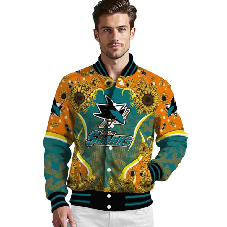 san jose sharks sunflower bloom teal yellow jacket high quality
