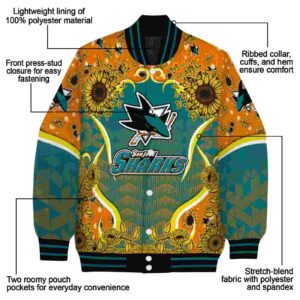 san jose sharks sunflower bloom teal yellow jacket new arrival