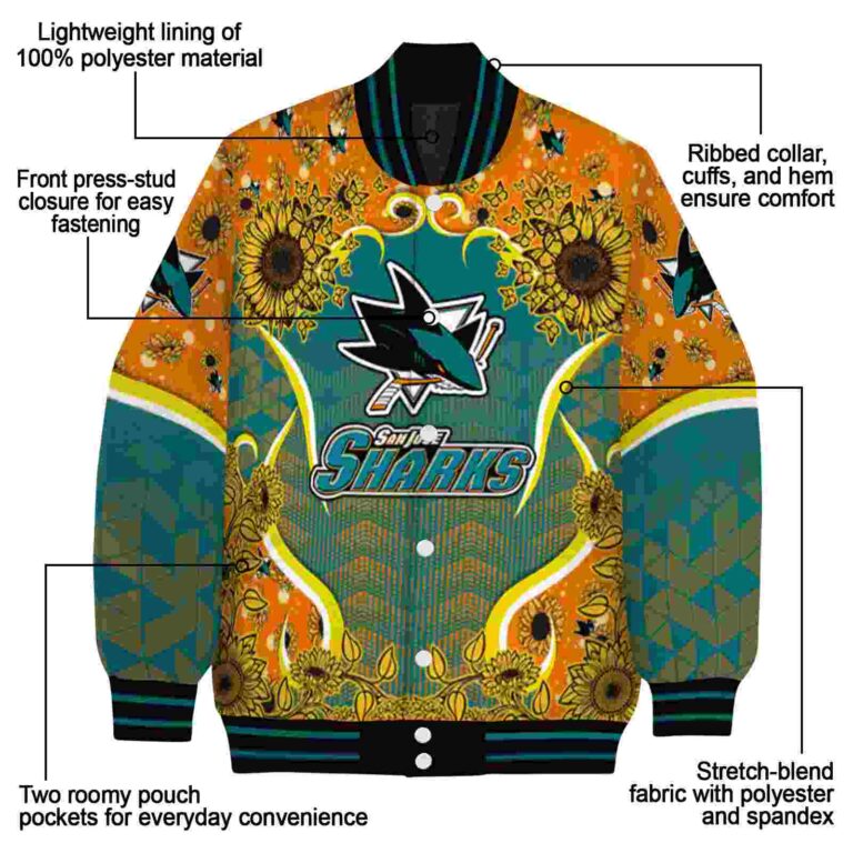 san jose sharks sunflower bloom teal yellow jacket new arrival