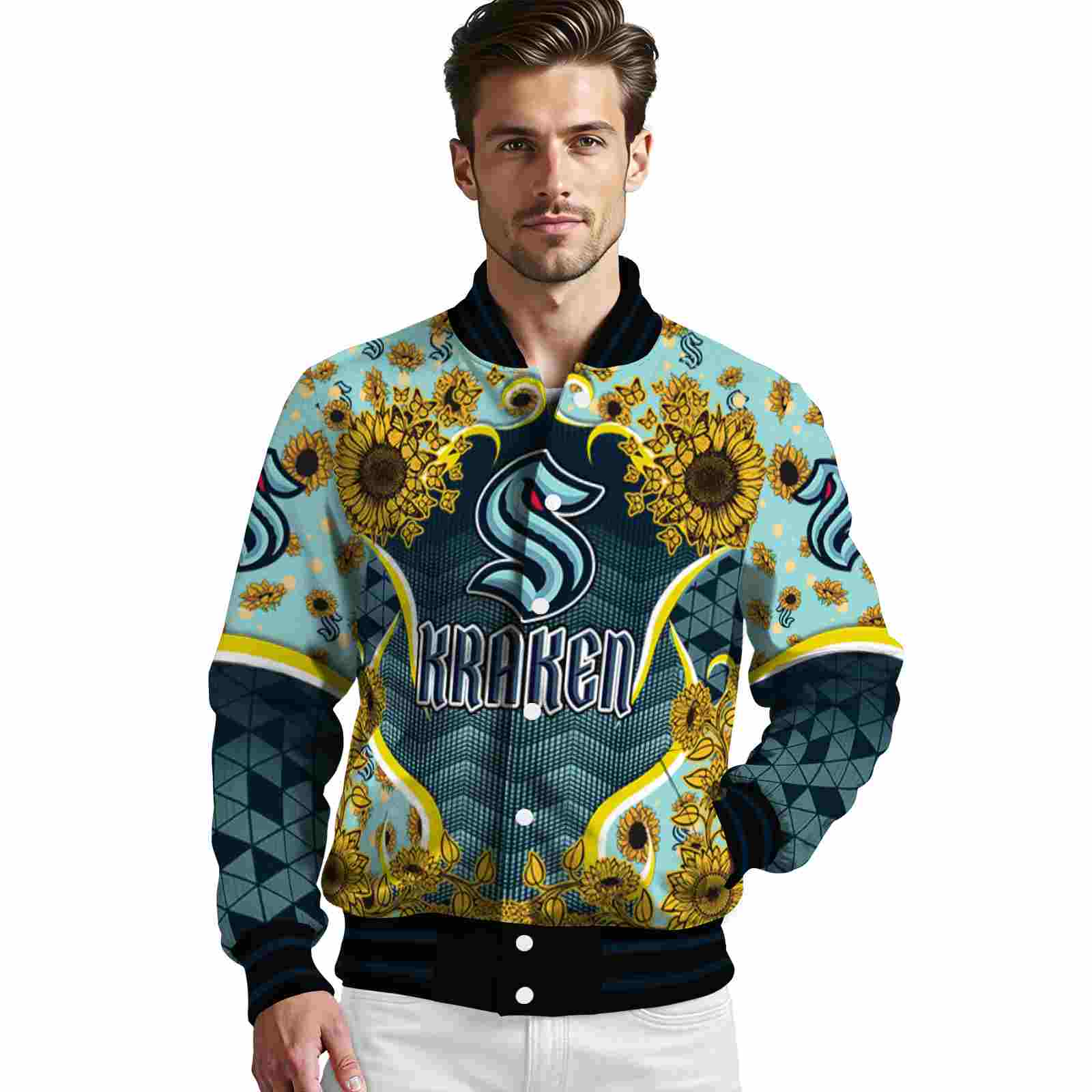 seattle kraken sunflower bloom blue yellow jacket high quality seattle kraken sunflower bloom blue yellow jacket high quality