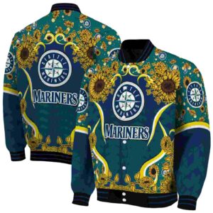 seattle mariners sunflower bloom navy blue yellow jacket fashion forward