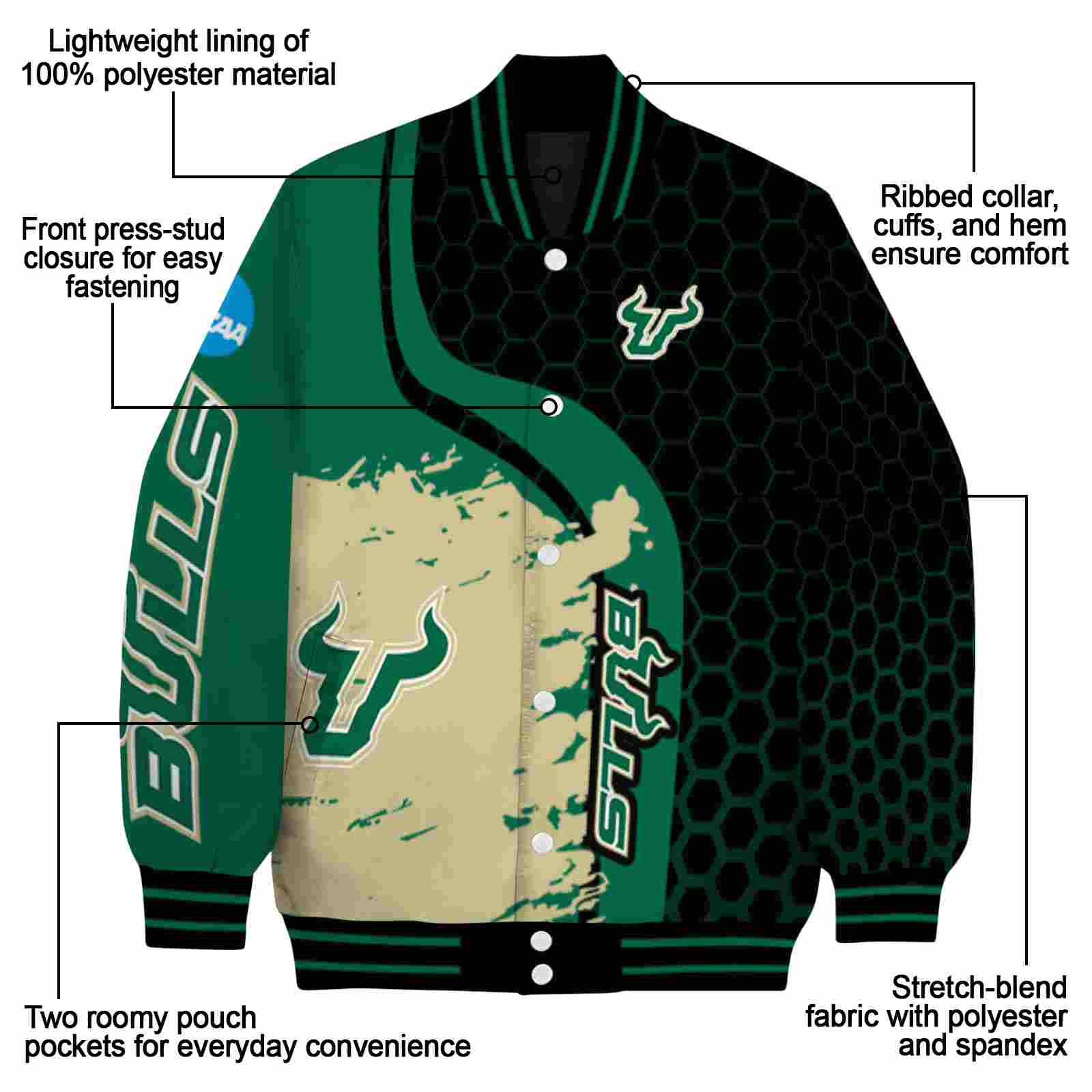 south florida bulls hexagonal pattern green black jacket new arrival south florida bulls hexagonal pattern green black jacket new arrival
