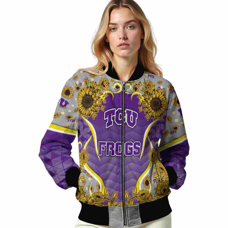 tcu horned frogs sunflower bloom purple yellow jacket latest model