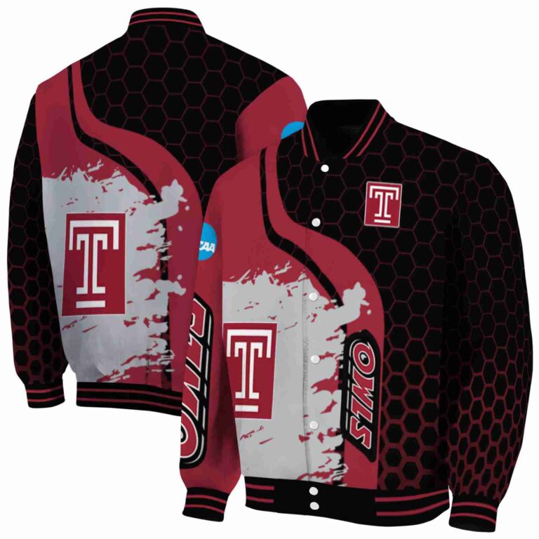 temple owls hexagonal pattern red black jacket fashion forward