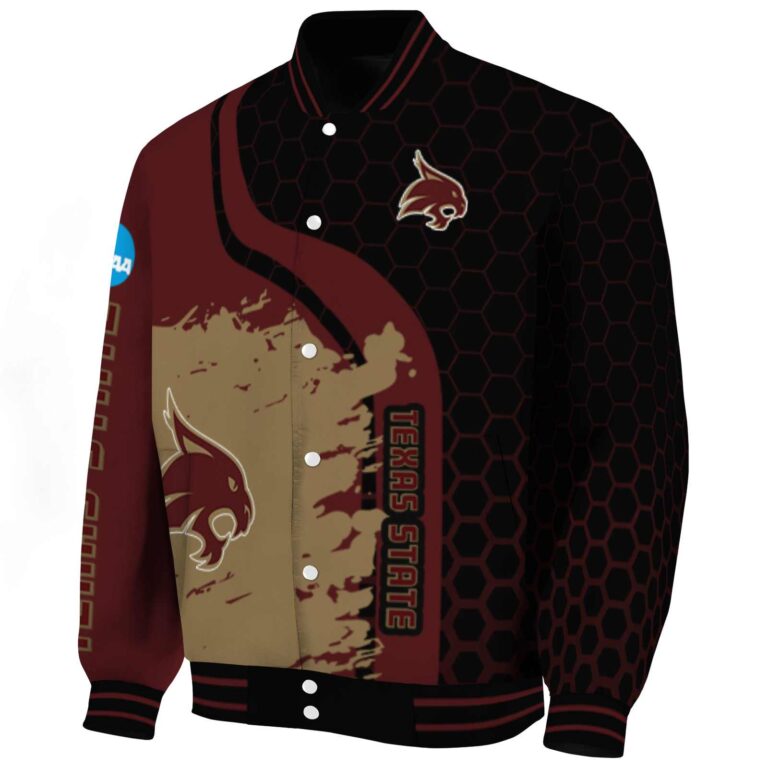 texas state bobcats hexagonal pattern maroon black jacket best selling