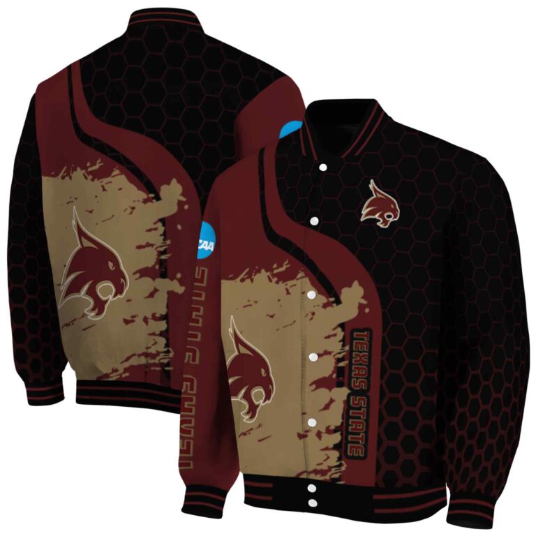 texas state bobcats hexagonal pattern maroon black jacket fashion forward