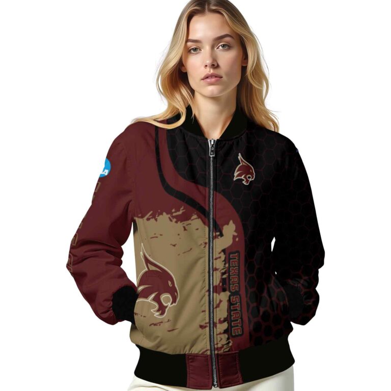 texas state bobcats hexagonal pattern maroon black jacket latest model