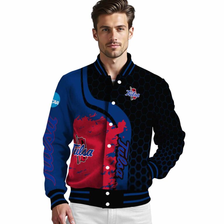 tulsa golden hurricane hexagonal pattern blue black jacket high quality