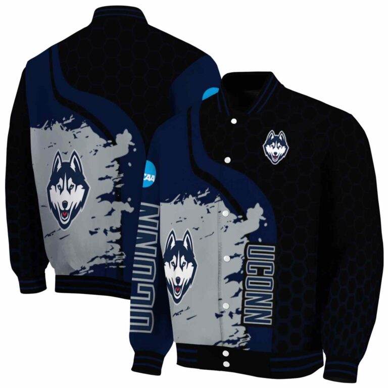 uconn huskies hexagonal pattern blue black jacket fashion forward