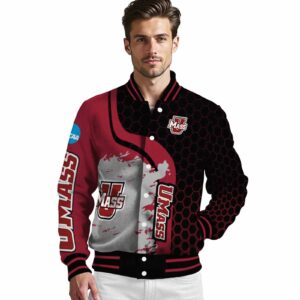 umass minutemen hexagonal pattern red black jacket high quality