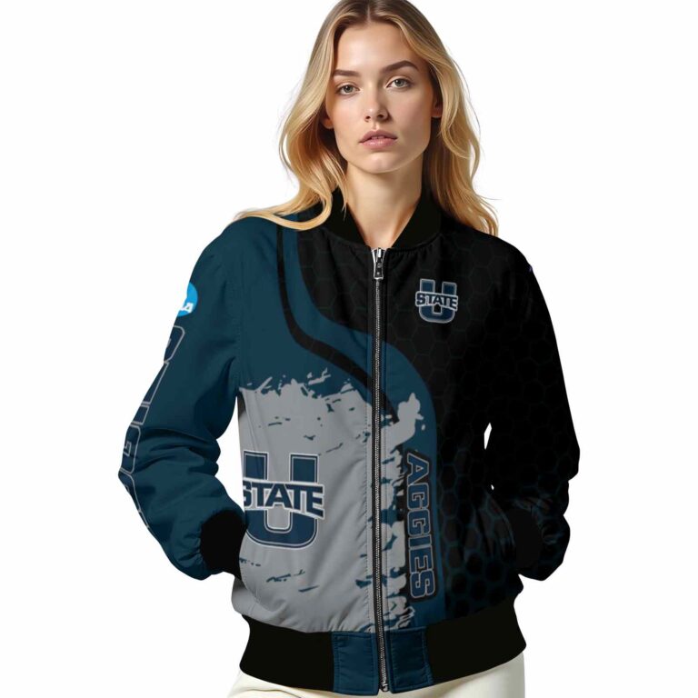 utah state aggies hexagonal pattern navy black jacket latest model