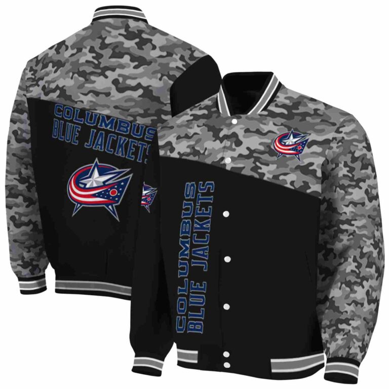 columbus blue jackets camo patchwork black jacket fashion forward jacketwow