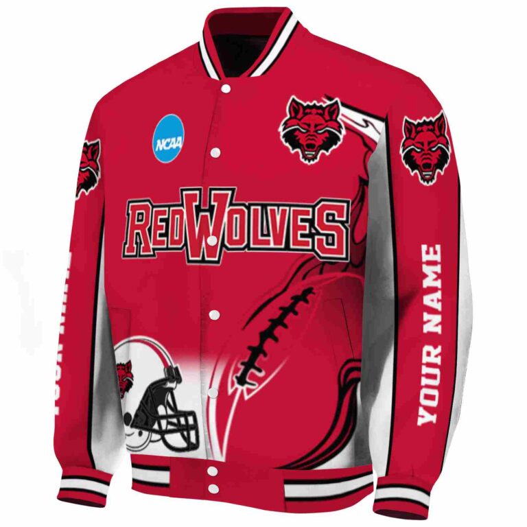 custom arkansas state red wolves flaming football scarlet white jacket best selling jacketwow
