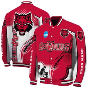 custom arkansas state red wolves flaming football scarlet white jacket fashion forward jacketwow