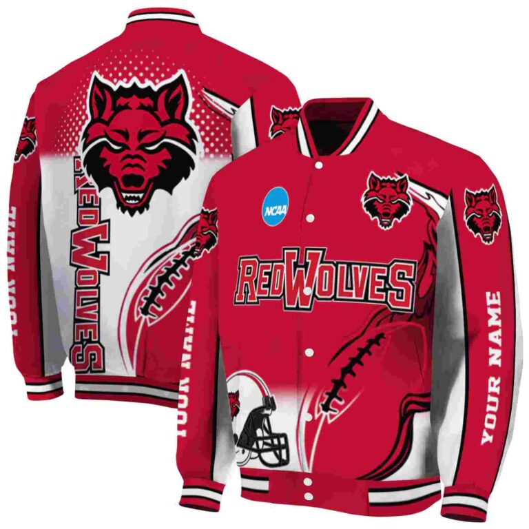 custom arkansas state red wolves flaming football scarlet white jacket fashion forward jacketwow
