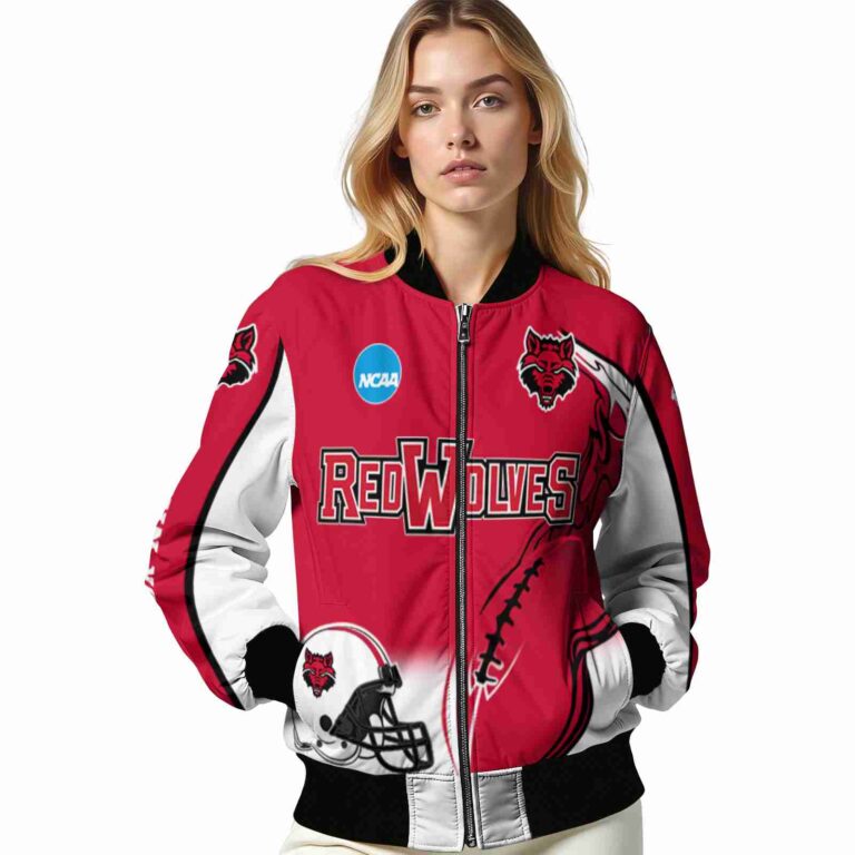custom arkansas state red wolves flaming football scarlet white jacket latest model jacketwow