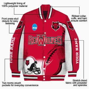 custom arkansas state red wolves flaming football scarlet white jacket new arrival jacketwow
