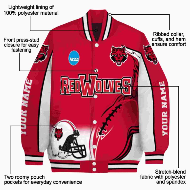 custom arkansas state red wolves flaming football scarlet white jacket new arrival jacketwow